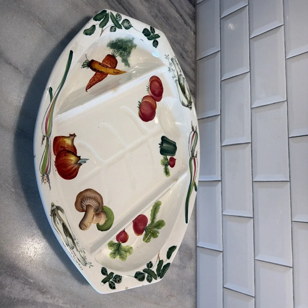 Vtg FRANCO MUNARI BASSANO Porcelain DIVIDED RELISH/SERVING DISH w/Handles-Italy